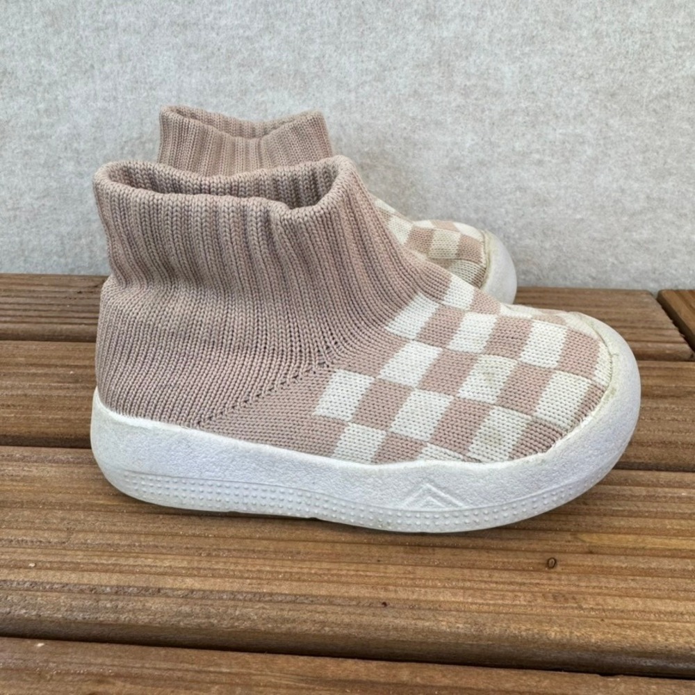 Kids Slip On Checkerboard Knit Sock Shoes Toddler Baby Pink White